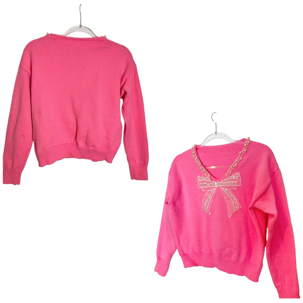 Pink Pearls Bow Embellished Sweater Size M